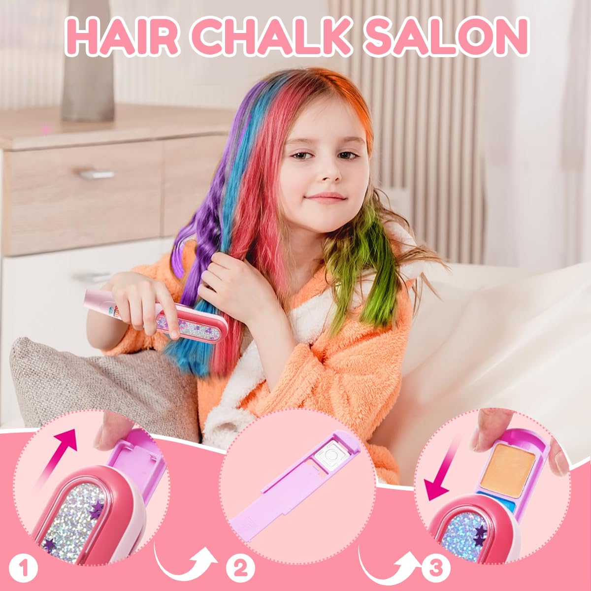 PATPAT Girls Hair Styling Tools Kit for DIY Hair Dye with Easy Applicator and 3 Colors | Safe Non Toxic Gift for Ages 4 12
