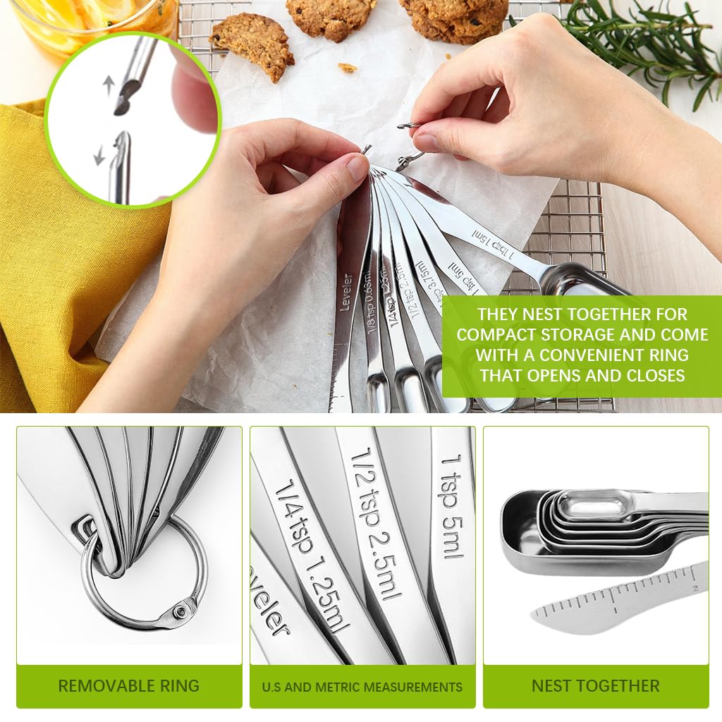 HASTHIP Measuring Spoon Set for Baking with Leveler and Stackable Ring | 7 Stainless Steel Spoons