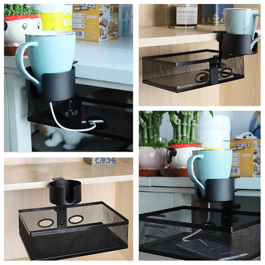 Climberty® RHBLME Black 360-Degree Under Desk Organizer with Cup Holder, Clamp-on Swivel Pencil Drawer Desk Hidden Extra Sturdy C-Clamp Mount System, Strong and Durable