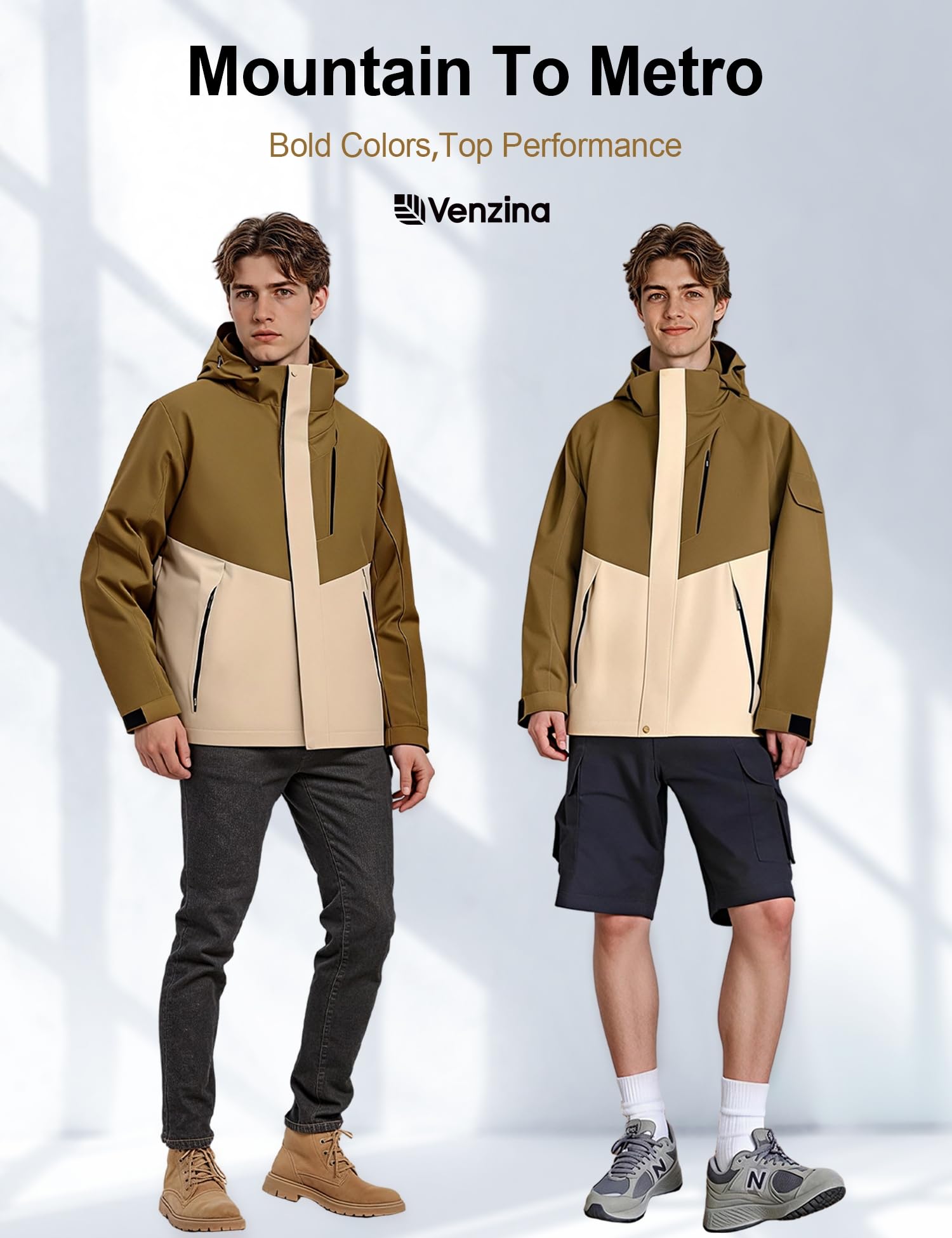 Venzina Men’s Lightweight Jacket for Hiking and Cycling with Reflective Sleeves | Brown Water‑Repellent Windbreaker