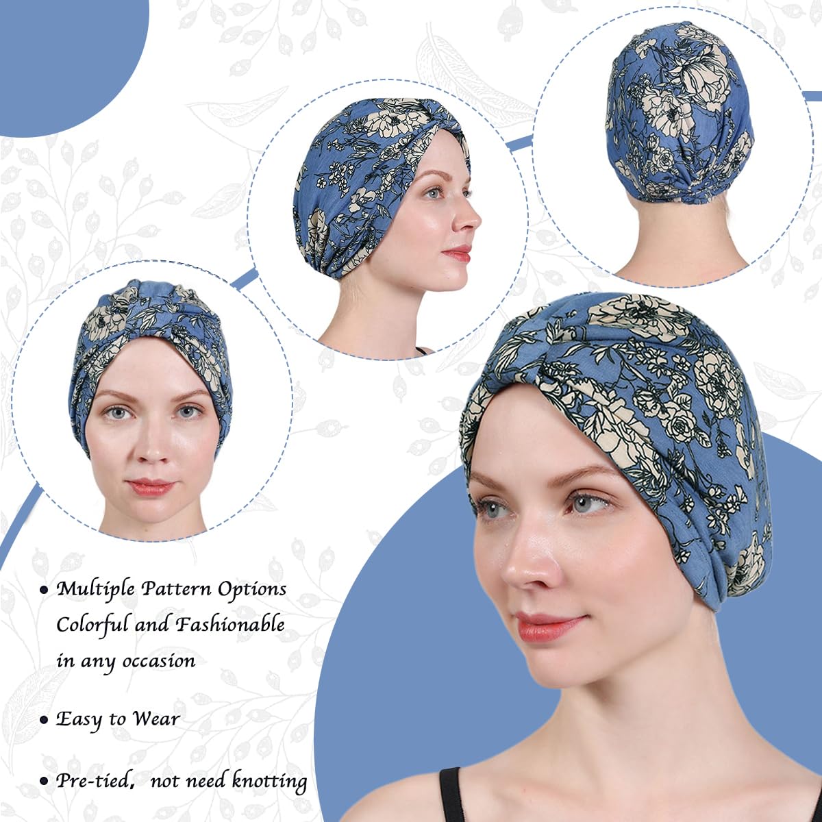 SANNIDHI Chemo Caps for Women with Satin Liner and Floral Cotton Design | 2PCS Blue