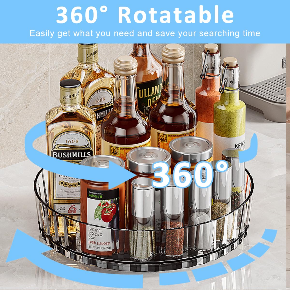 Supvox Spice Rack Turntable for Kitchen Cabinet with 360° Rotating Tray and Clear Plastic Design | 8.26 in Large Capacity Organizer