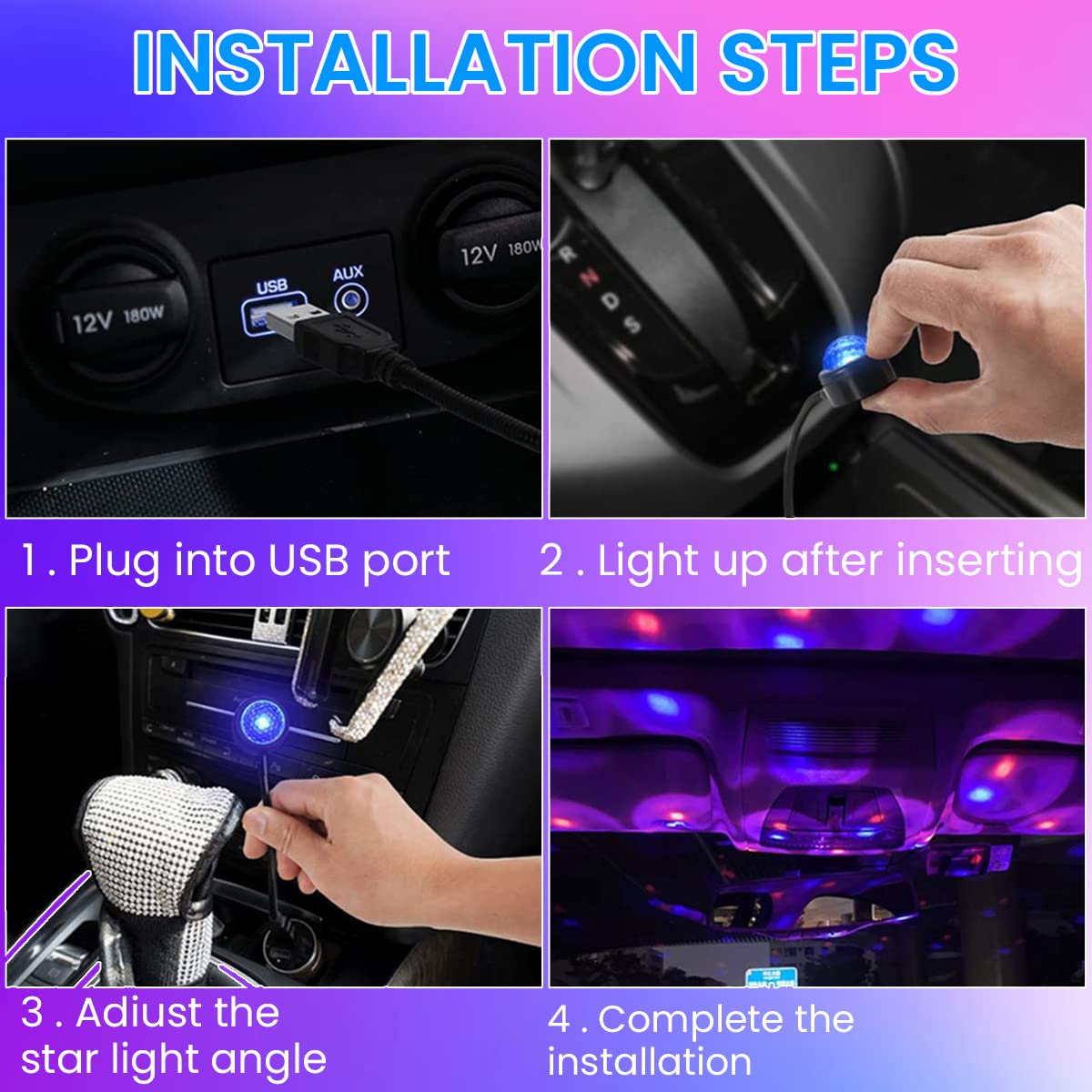 LED Car Atmosphere Light for Interior and Party Use with 9 Lighting Modes and 360° Rotation | USB Plug and Play RGB Mini Lamp