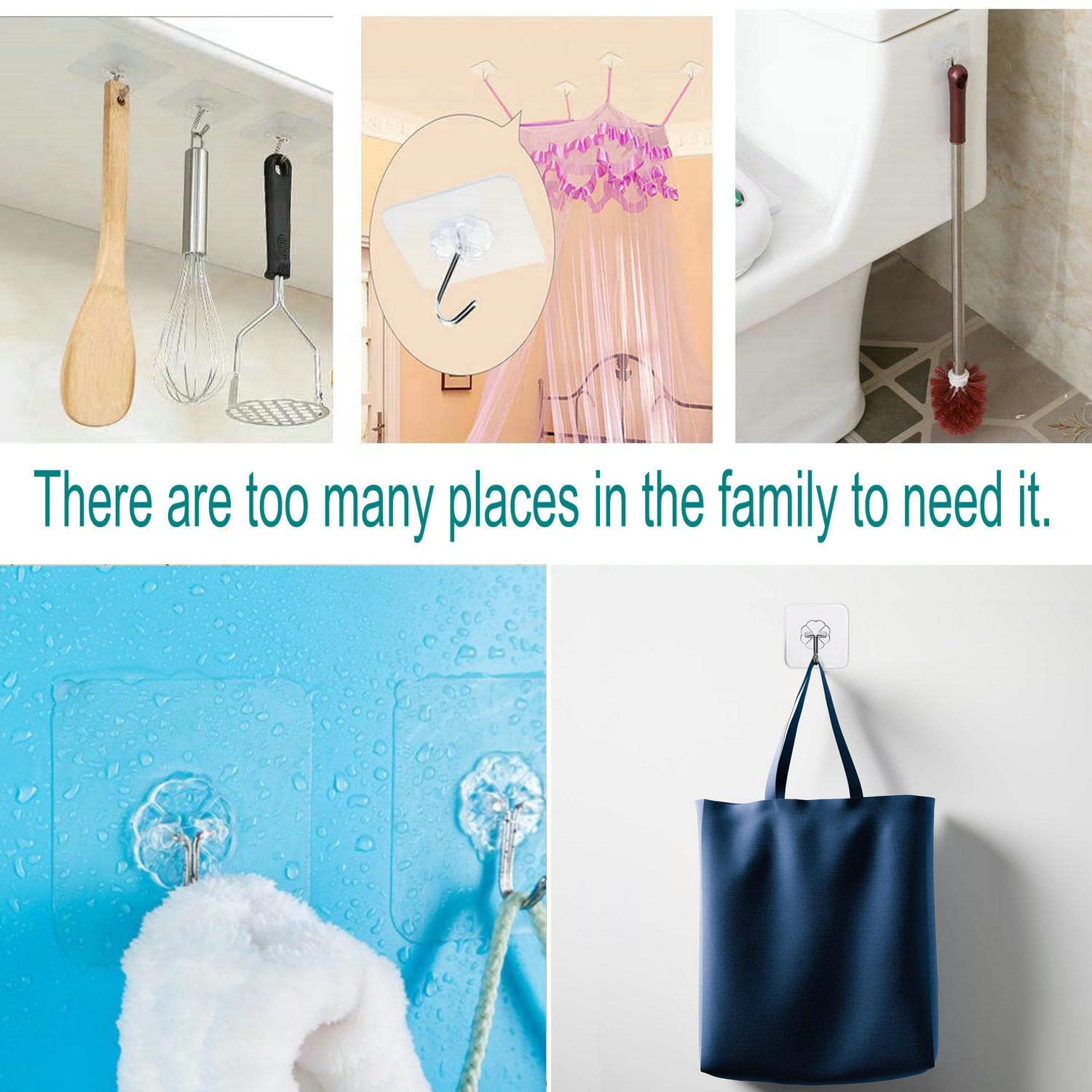 HASTHIP Wall Hooks 30 Pack for Bathroom and Kitchen | Strong Self Adhesive Clear Design