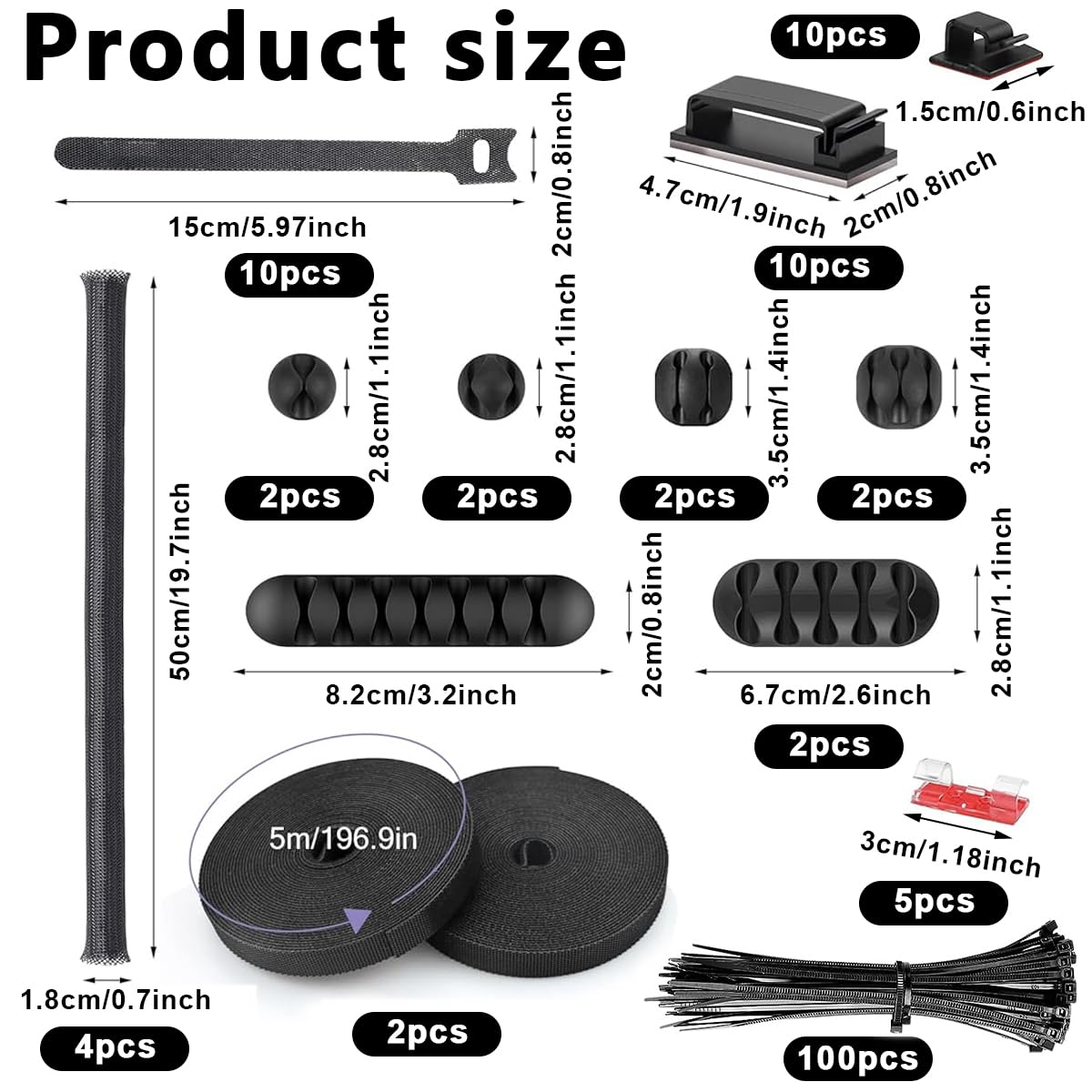 Cable Management Kit for Home and Office with 152 pcs Nylon Ties and Self Adhesive Clips