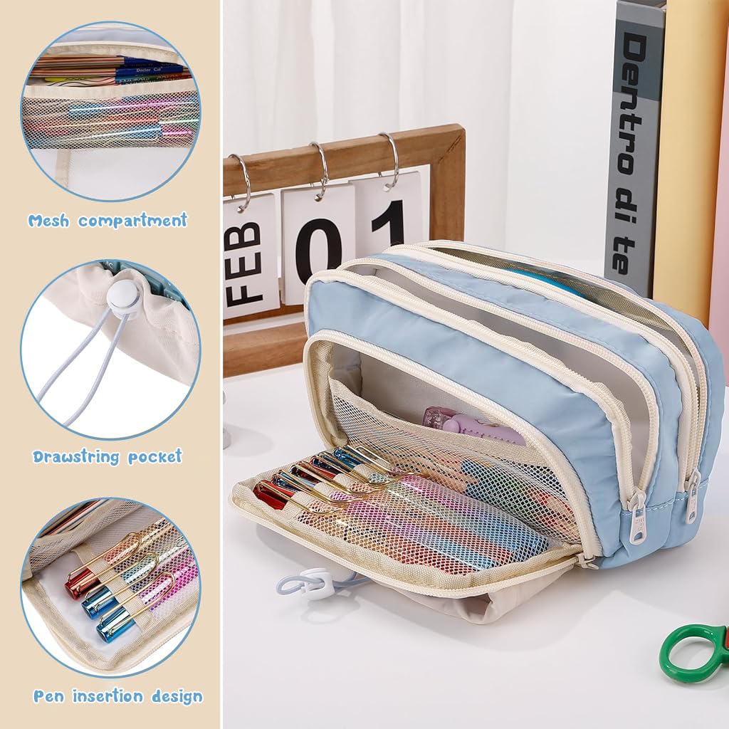 Zibuyu Pencil Case with 4 Compartments for School and Office | Cute Blue Style for Girls