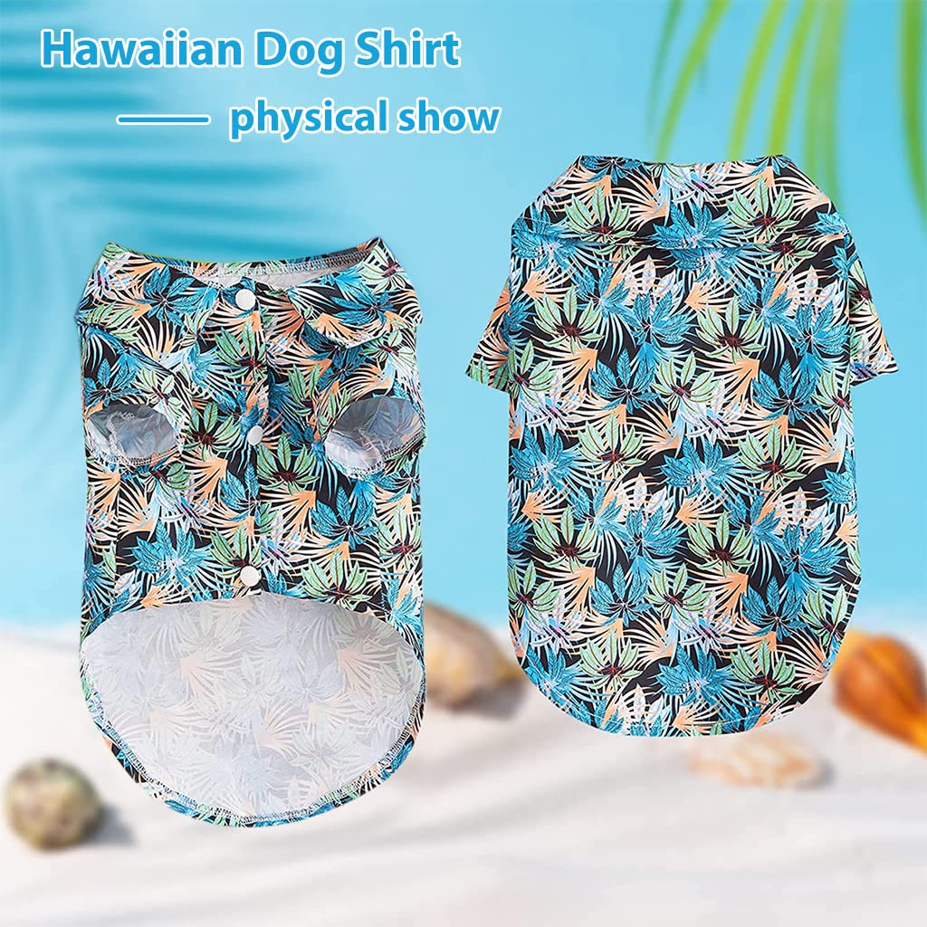 Qpets® Summer Dog Clothes for Small Dogs Cute Hawaiian Coconut Tree Leaves Print T-Shirt for Dog Button Open Dog Clothes for Chihuahua, Maltese, Pug, Papillon, Small Dog Breeds of 4-7kg