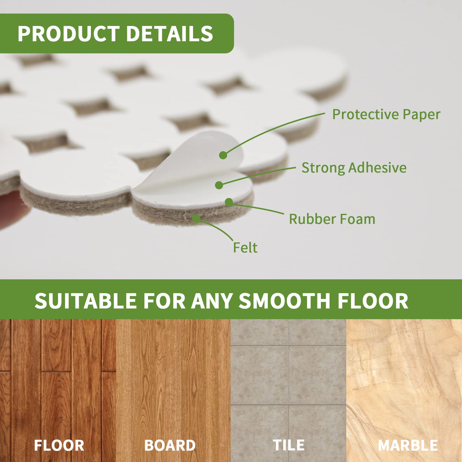 ZIBUYU Chair Leg Floor Protector for Furniture | 30PC Self Adhesive Non Slip Black Pads