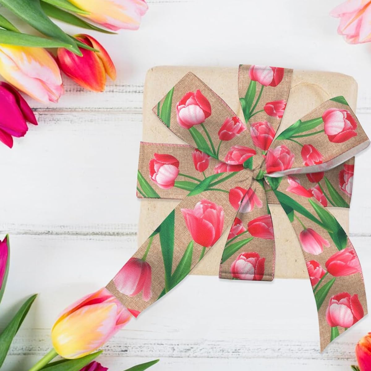 PATPAT Satin Ribbon Rolls for Gift Wrapping with Tulip Floral Print 6.3 cm x 5 ft | Polyester Fabric for DIY Crafts