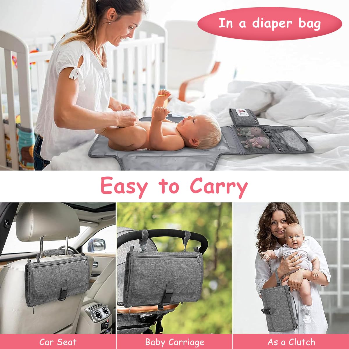 SNOWIE SOFT® Portable Diaper Changing Mats for Baby Waterproof 2 in 1 Diaper Changing Mat & Insulated Bag Essentials for Newborn Baby Diaper Bag with Detachable Shoulder Strap & Storage Pockets, Grey