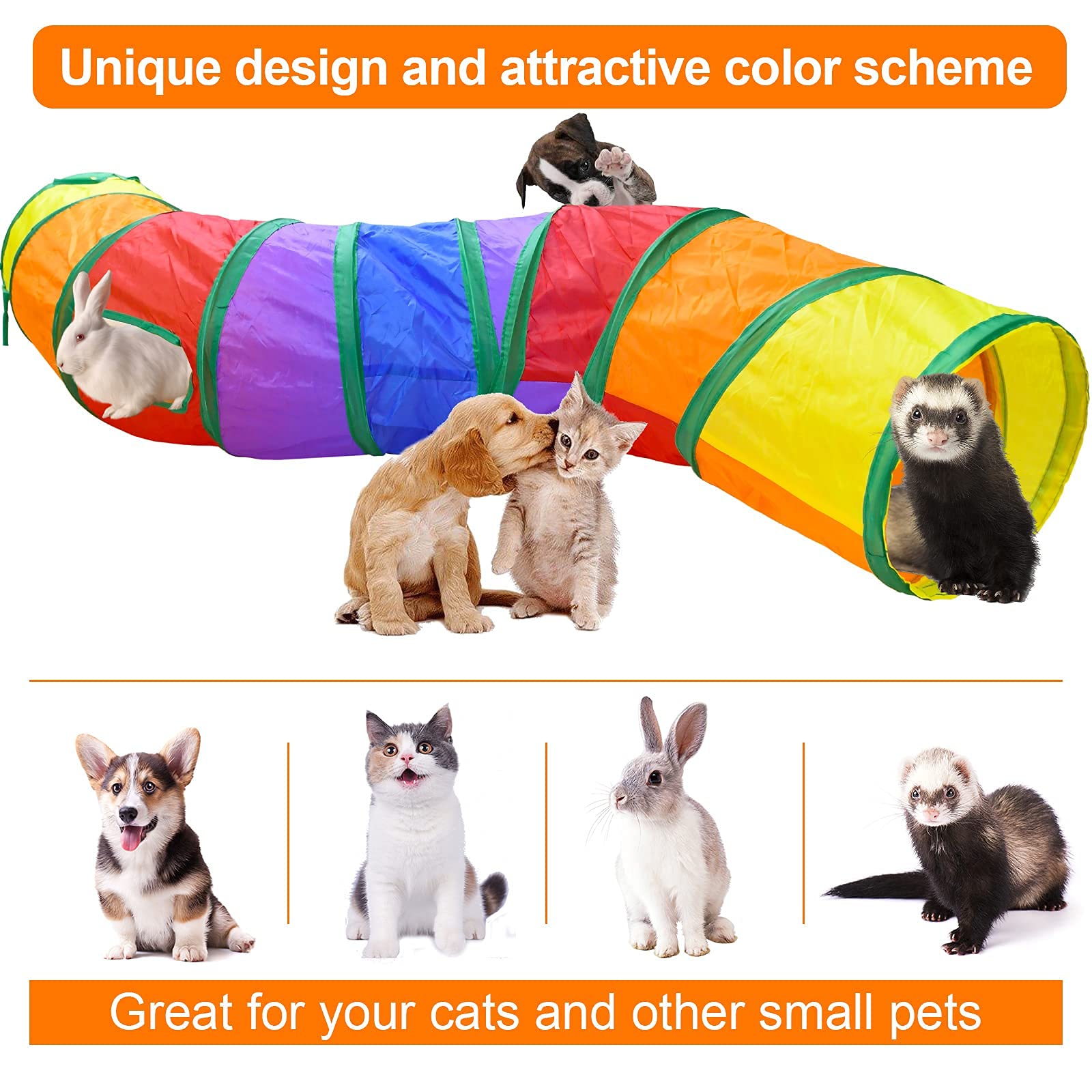 Qpets Cat Tunnel Combo for Indoor and Outdoor Play with 3 and 2 Way 25 cm × 80 cm Tubes | Foldable Rainbow Toy Set