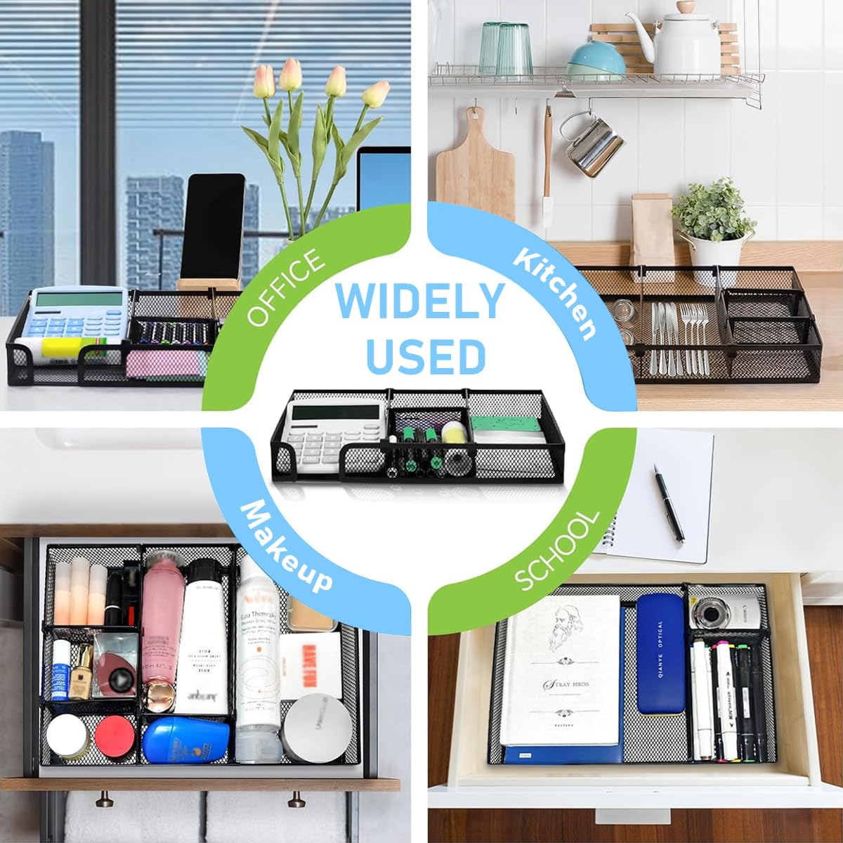 Desk Drawer Organizer Tray for Office and Home with 6 Adjustable Compartments 32x22x4.5cm Metal Mesh Design