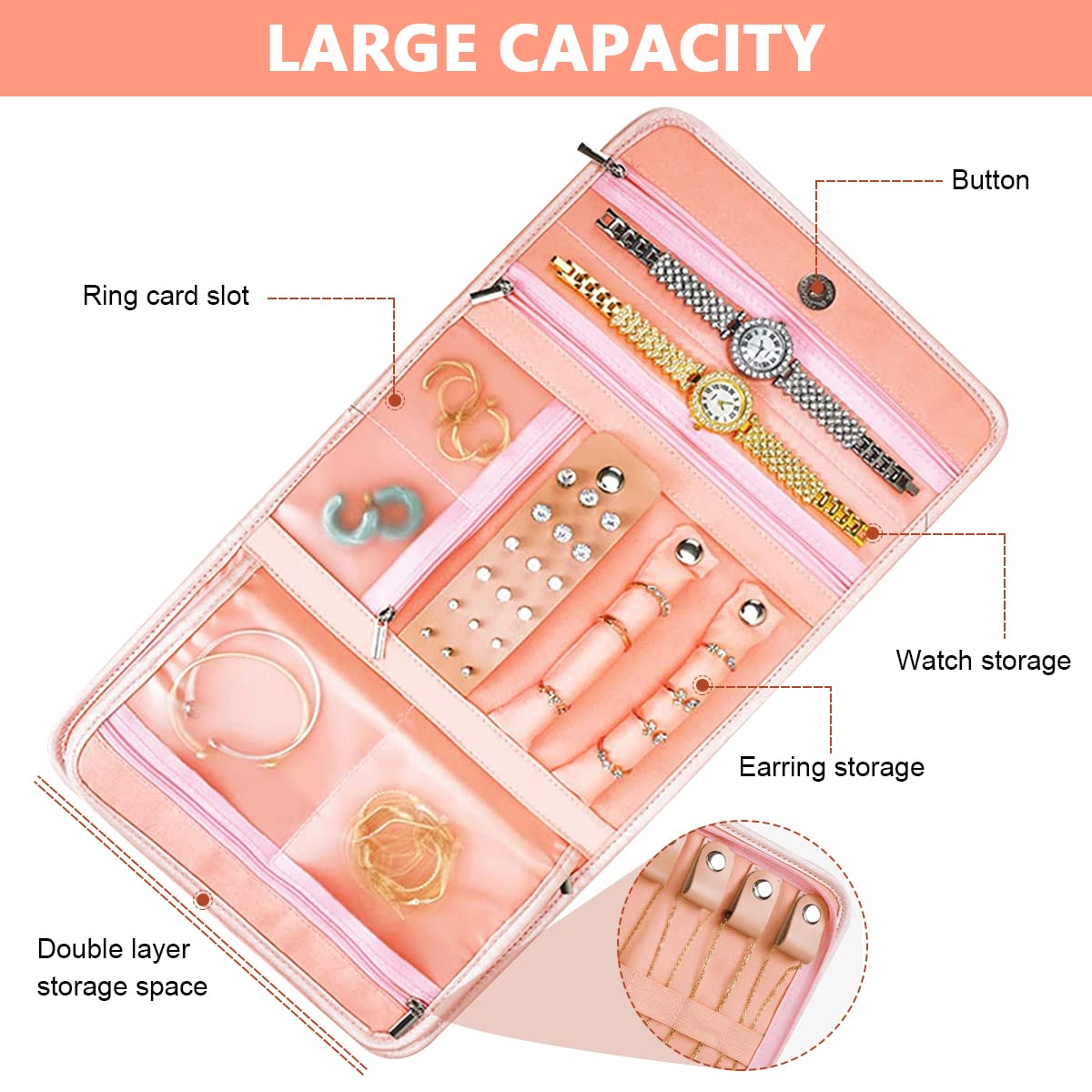 MAYCREATE Travel Jewelry Organizer for Earrings and Necklaces with 43×23.5 cm Foldable Design | Pink PU Leather Storage Bag
