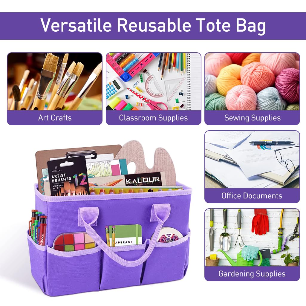 HASTHIP Art Supplies Organizer for Craft Storage with Multi Pockets and Handles 13x6x8.6 in | Oxford Fabric Purple Tote for Teachers and Artists