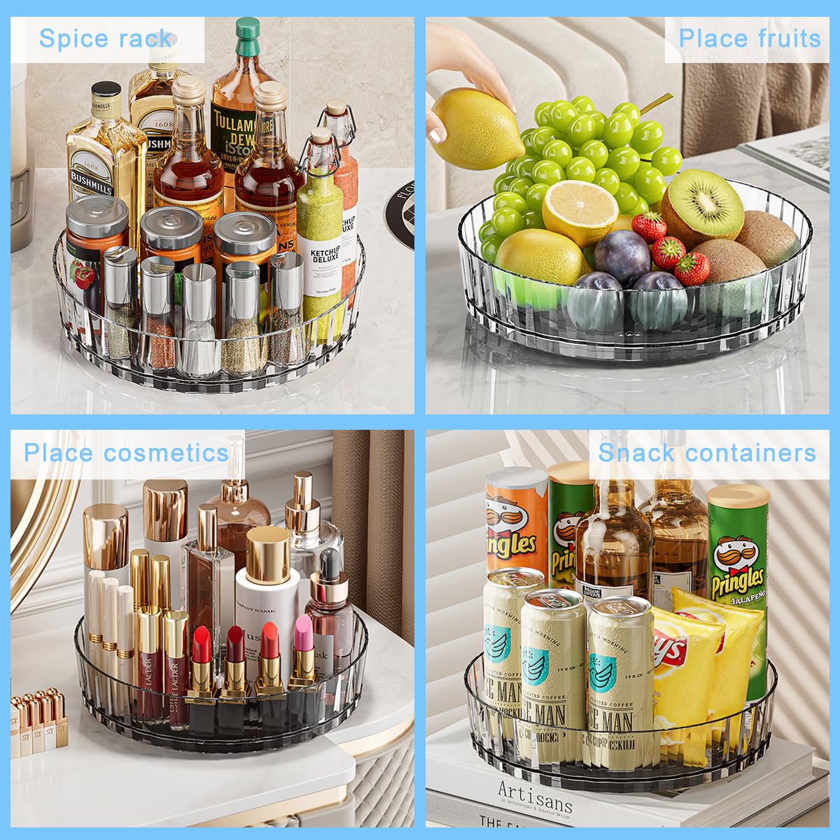 Supvox Spice Rack Turntable for Kitchen Cabinet with 360° Rotating Tray and Clear Plastic Design | 8.26 in Large Capacity Organizer