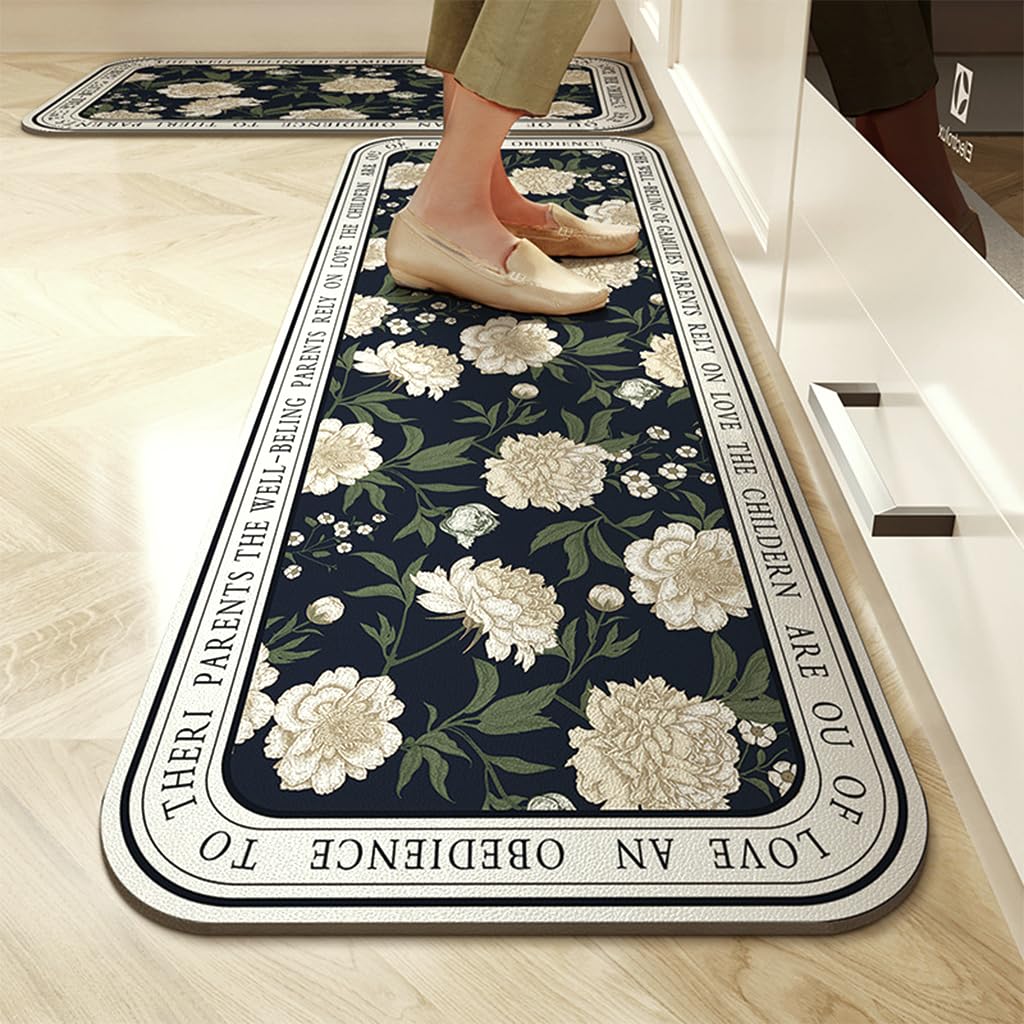 HASTHIP® 2PCS Kitchen Mats for Floor Anti Fatigue Mats, Non Slip Kitchen Rugs Waterproof Memory Foam Floral Print Pattern Kitchen Rug for House, Office, Kitchen (40 * 60cm & 40 * 120cm)