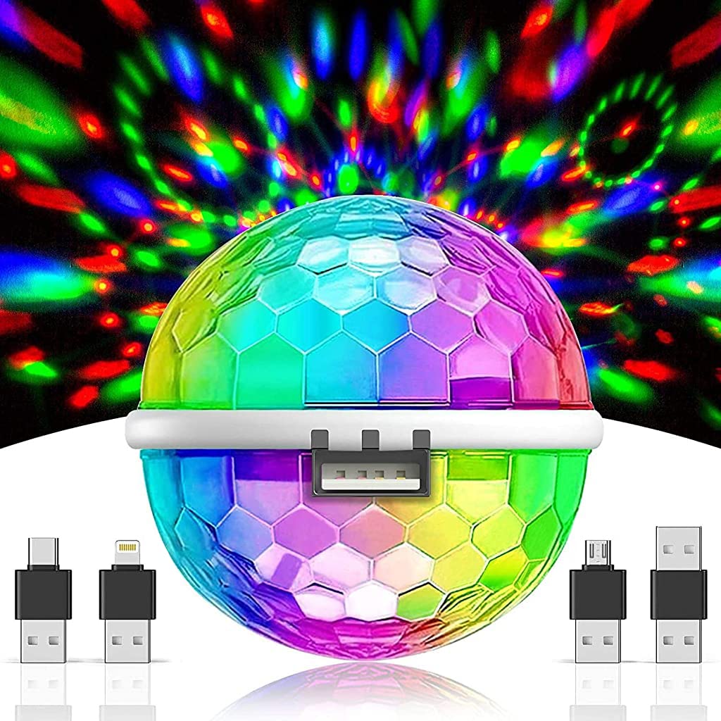 ELEPHANTBOAT USB Party Light for Car and Room with Sound Control and 6cm RGB Disco Ball | Plug and Play with 4 USB Adapters