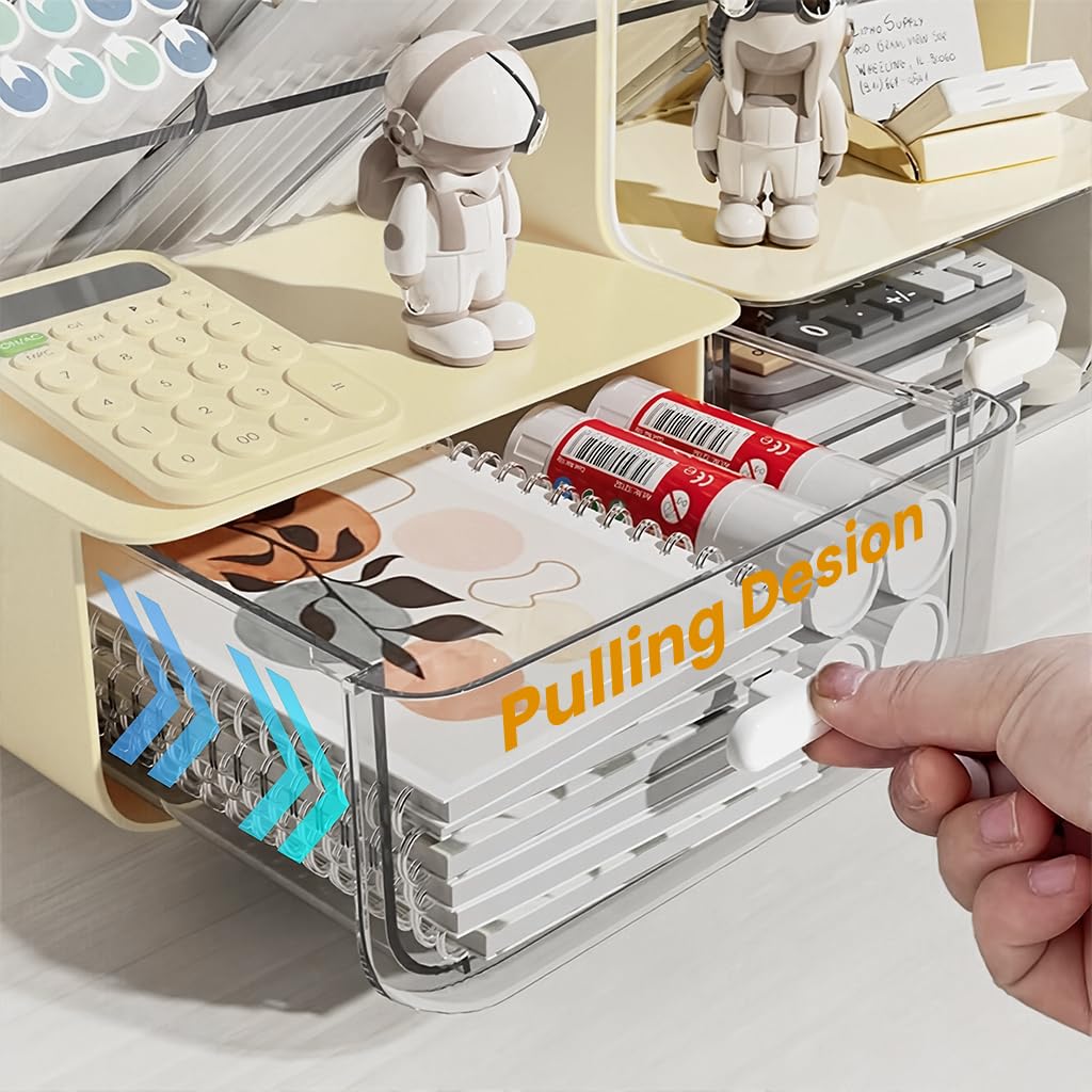 Zibuyu Acrylic Makeup Desk Organizer for Vanity and Office with 6 Partitions & Drawer | 7 x 5.4 x 9.45 in Clear PET Storage
