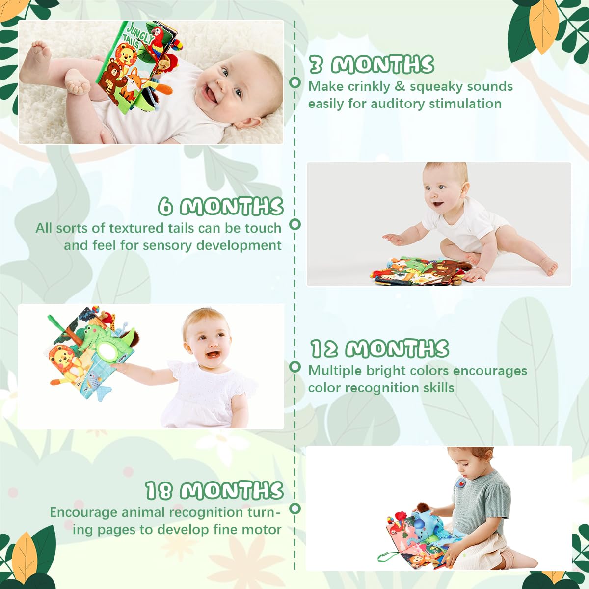 SNOWIE Soft Jungle Tails Cloth Book for Babies 6–12 Months with 12 Textures & Crinkle Sound