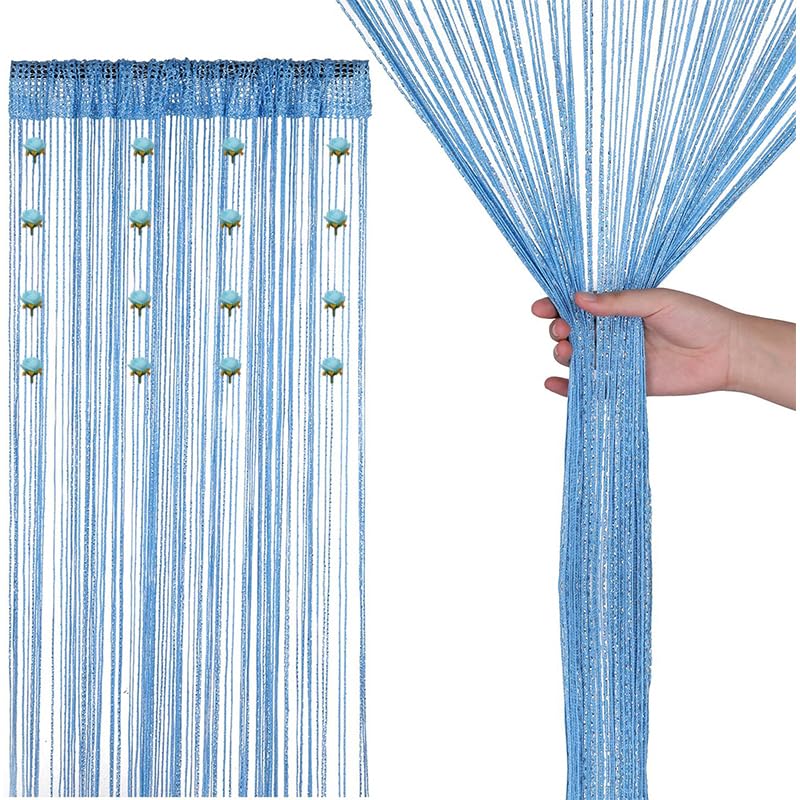 HASTHIP® 1m * 2m Rose Silver Silk Floral Curtain, Living Room Entrance Decoration, Adjustable Tassel Curtain-Blue