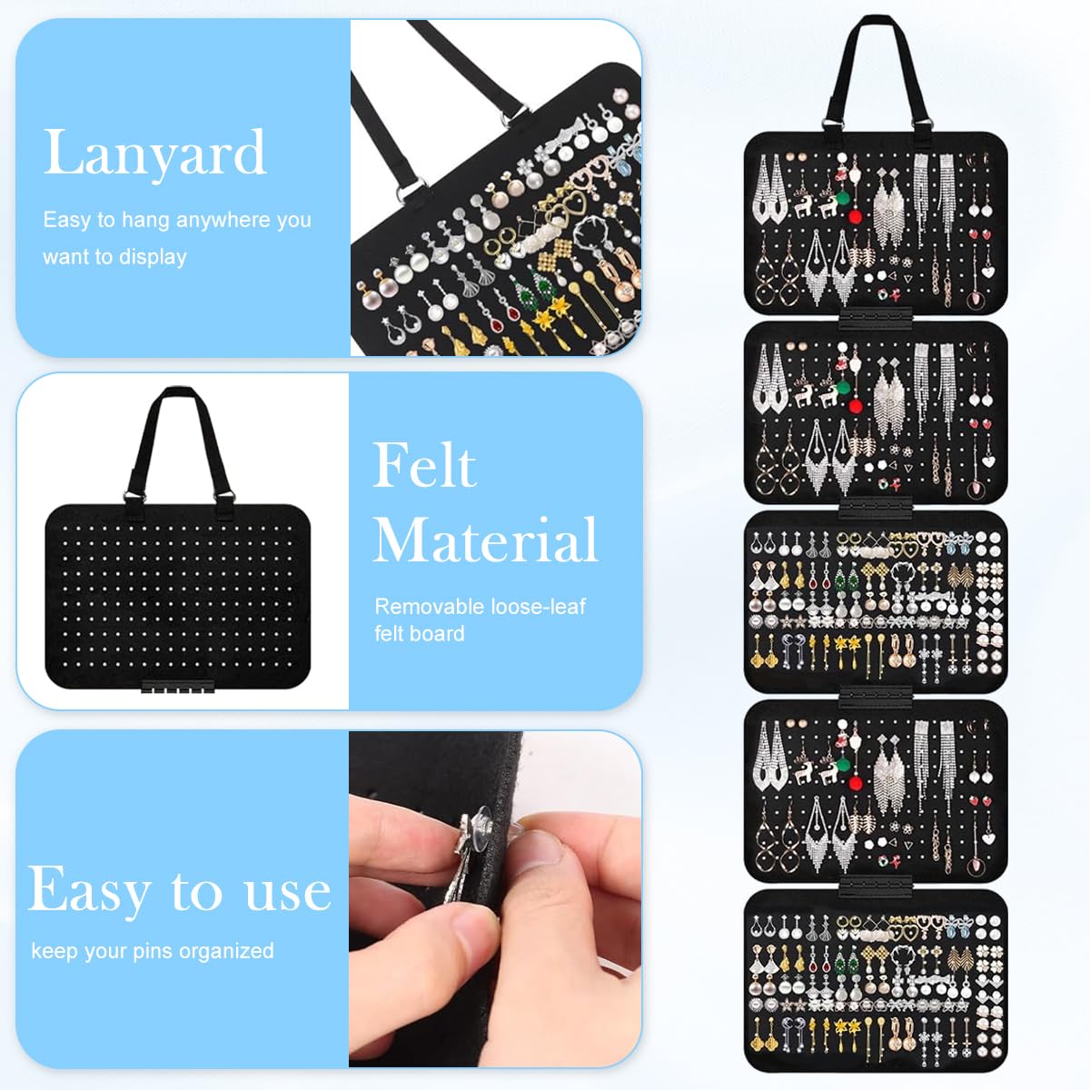 HASTHIP Earring Organizer for Storage and Display with 5 Detachable Boards and 850 Holes | Black Felt Wall Mount Holder