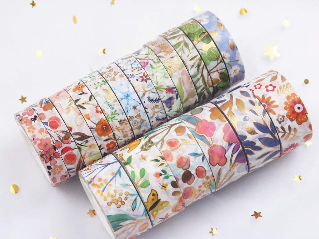 HASTHIP® 18 Rolls Gold Foil Flower Paper Tape Set Colored Decorative Painter Handcraft Scrapbooking Bullet Diary DIY Gift Packaging 2PCS