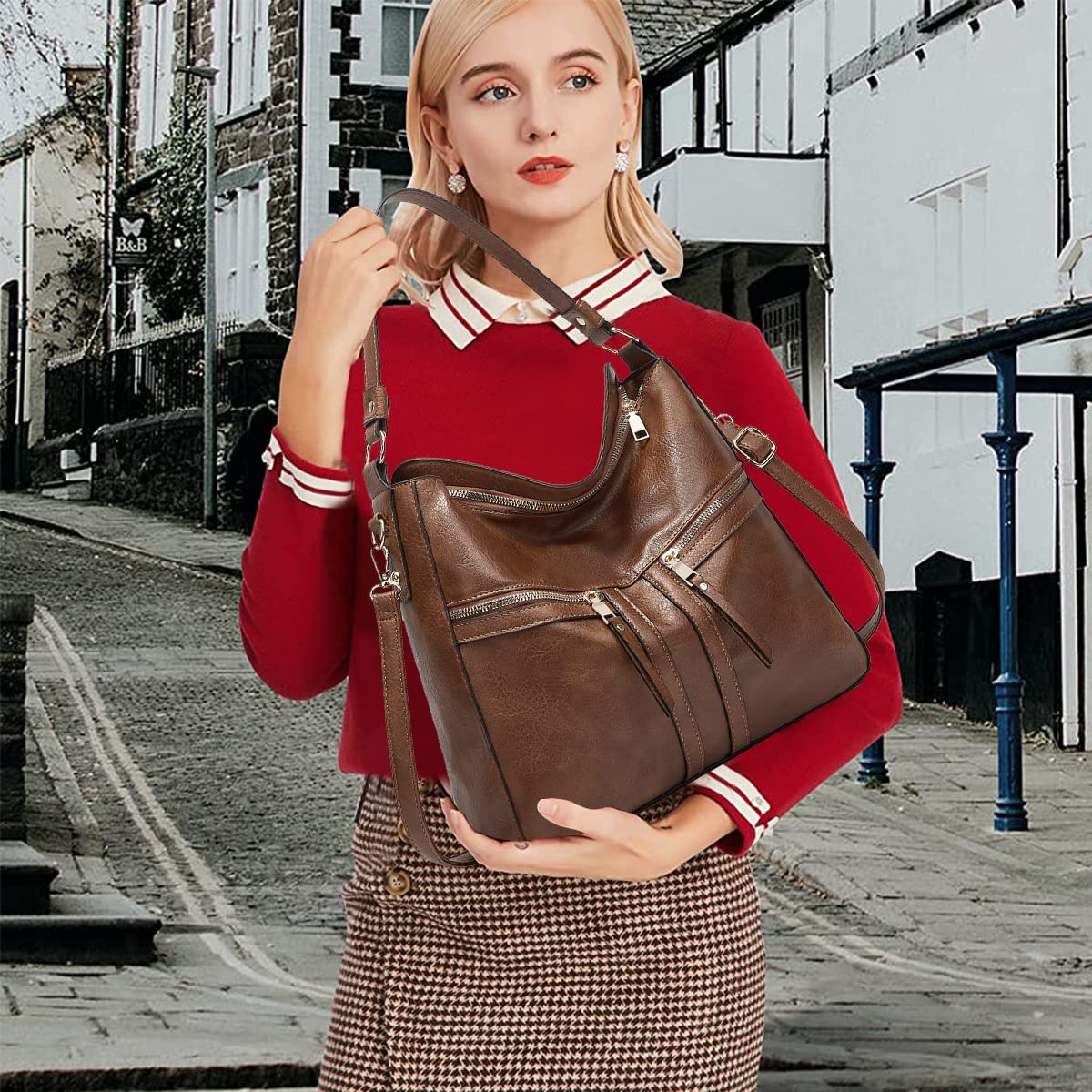 PALAY Tote Bags for Women 3 Piece Set with Multi Pocket Design in Vintage Brown PU | Commuter and Gift Use