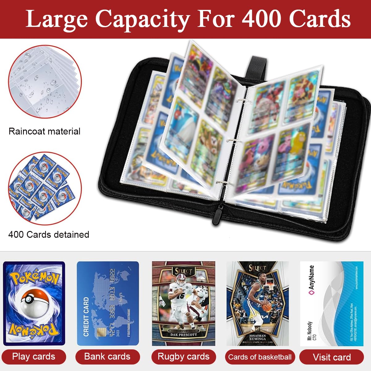 PATPAT Soccer Card Binder for Collectible Cards with 400 Pockets and Zipper Closure | Waterproof PU Cover