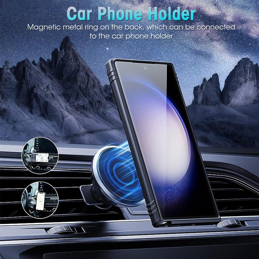 Zeitel Galaxy S23 Ultra Case with 360° Rotatable Ring Kickstand and Sliding Lens Cover | Black PC TPU Metal Protection