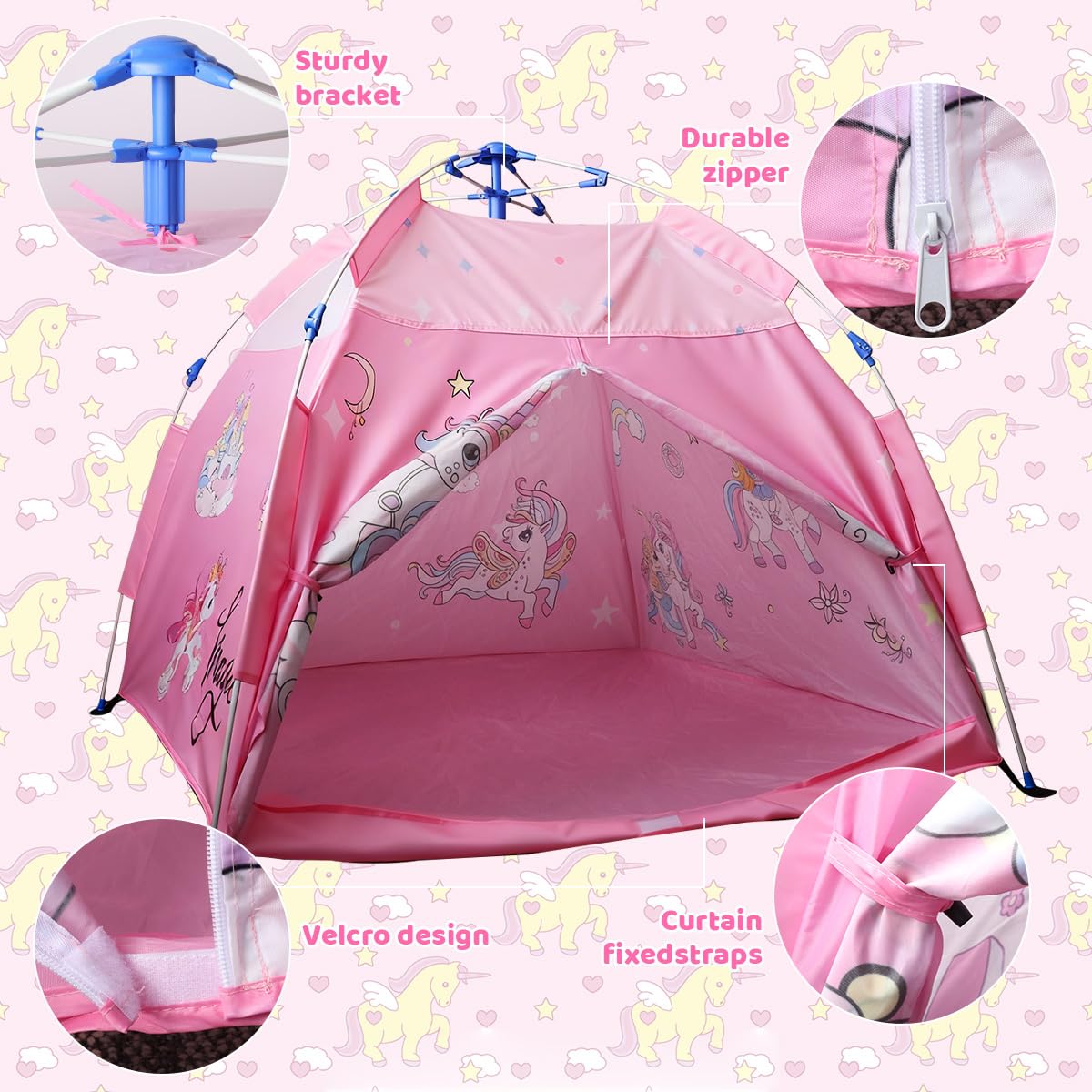 PATPAT Pop Up Play Tent for Kids 130x128x110cm with Mesh Roof and Zip Up Door | Pink Unicorn Design