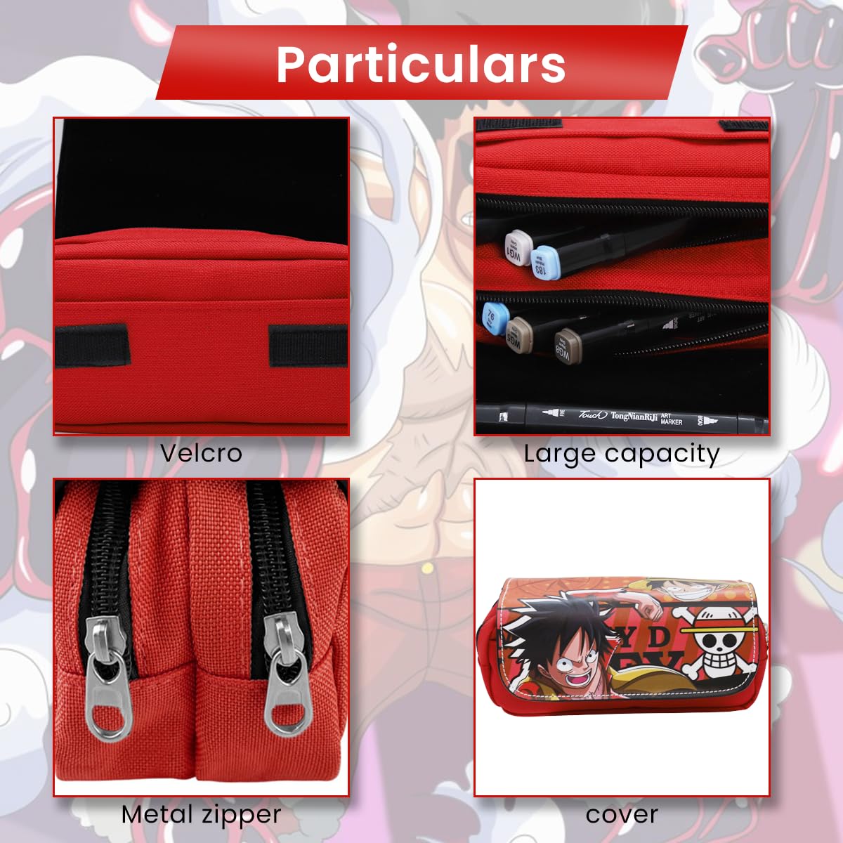 Fancyku One Piece Pencil Case for Students with Luffy Cartoon Print and Polyester Lining | 2PCS