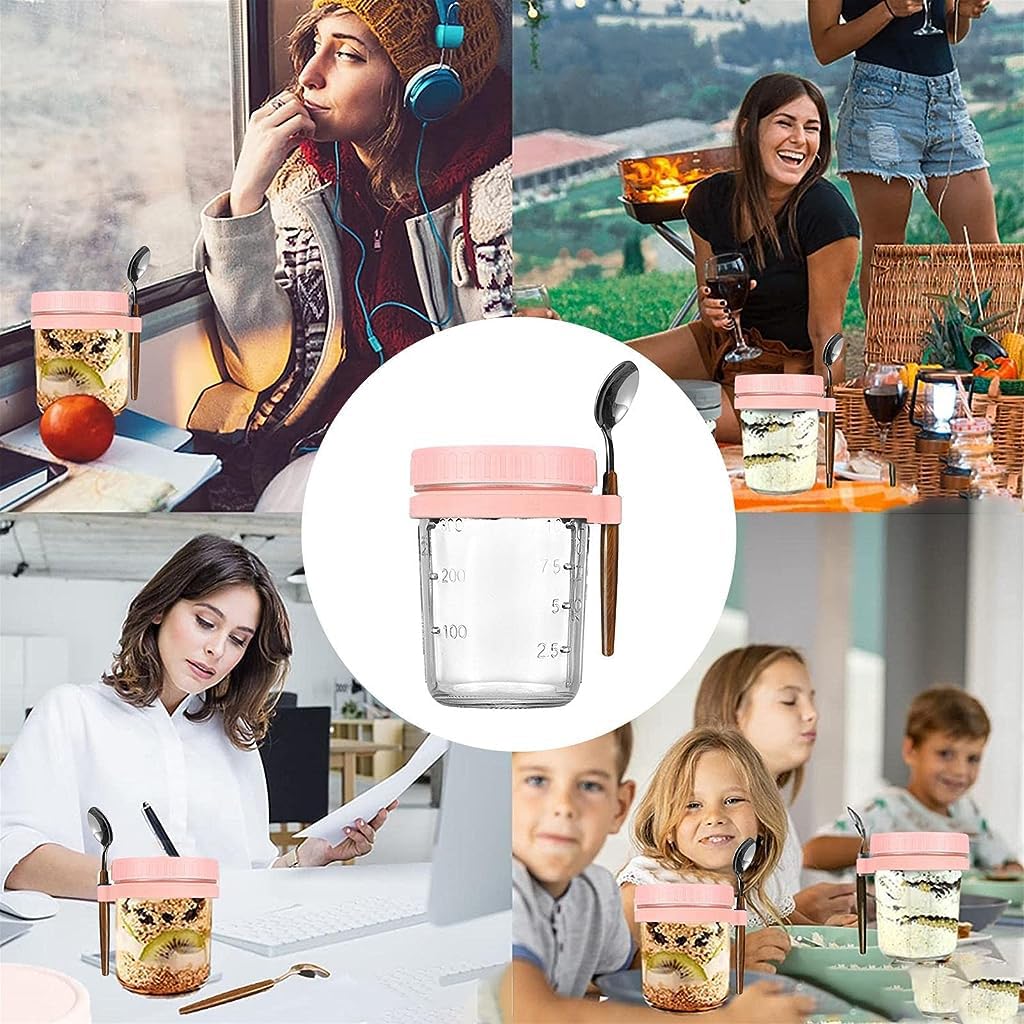 Supvox Overnight Oats Containers for Breakfast with Anti Leak Lid and Spoon 350ml Glass Jars | Pink and Grey Set of 2
