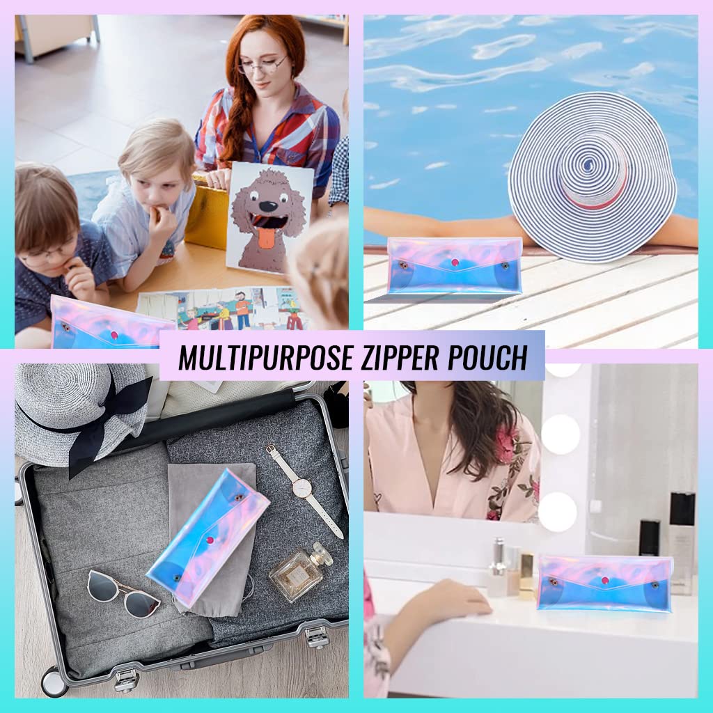 MAYCREATE Plastic Pencil Pouch for Travel and Study featuring Button Closure 20×9cm | Iridescent PVC Bag for Girls