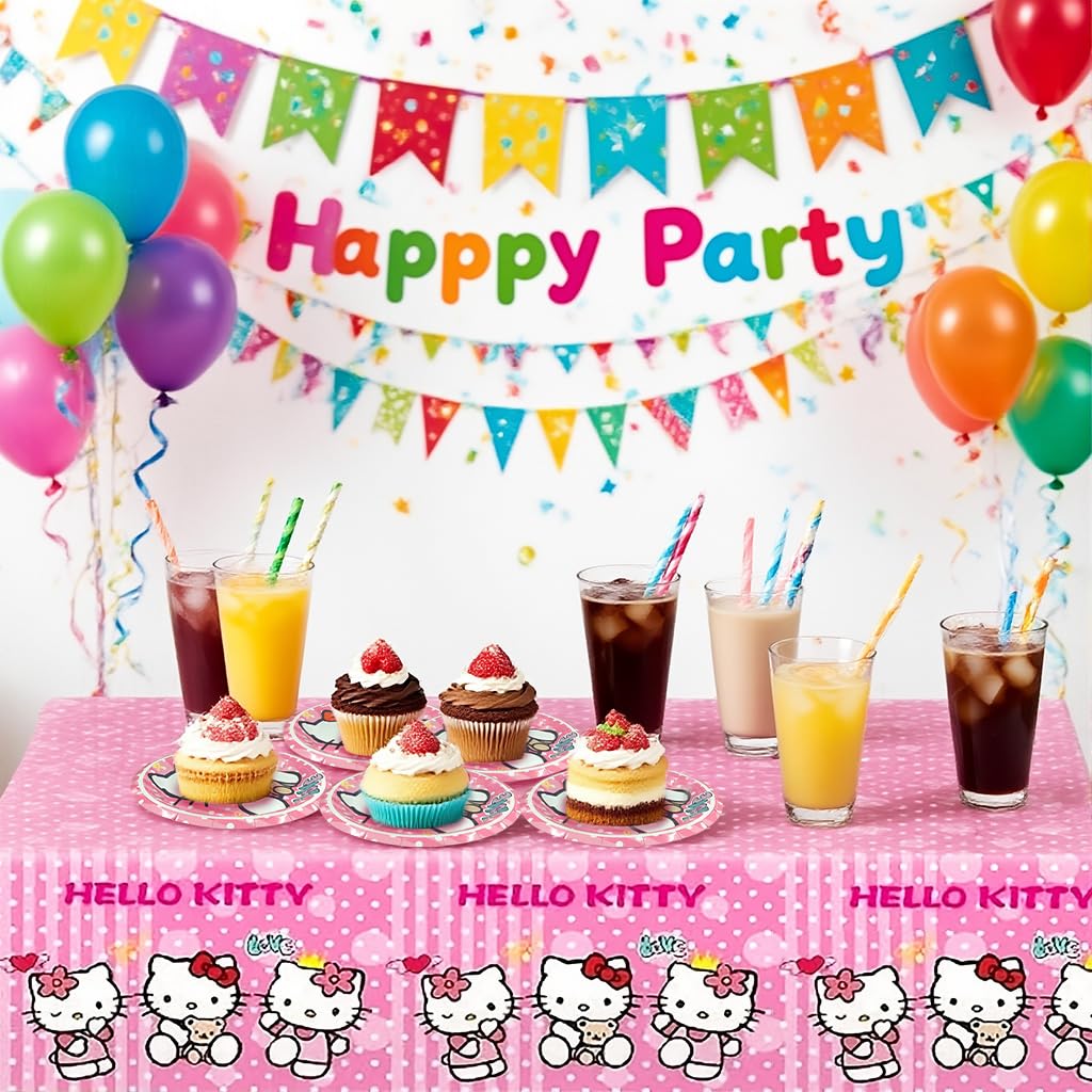 Supvox Party Supplies for Birthdays with 20pcs 7in Pink Kitty Plates and Table Cloth | Easy Cleanup