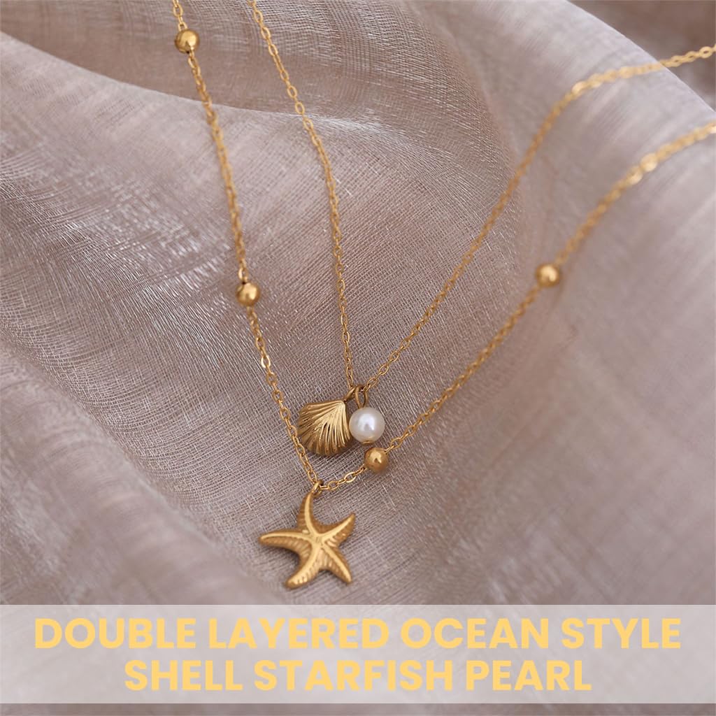 SANNIDHI Necklace for Women featuring Dual Layer Chains with Starfish and Seashell Pendants | Golden Titanium Steel Beach Jewelry