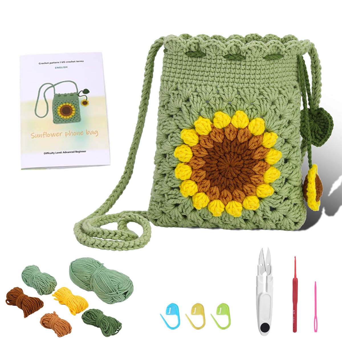 PATPAT DIY Crochet Phone Bag Material Kit for Beginners with Sunflower Pattern and Yarn Tutorial | Light Green Sling Craft Gift Set