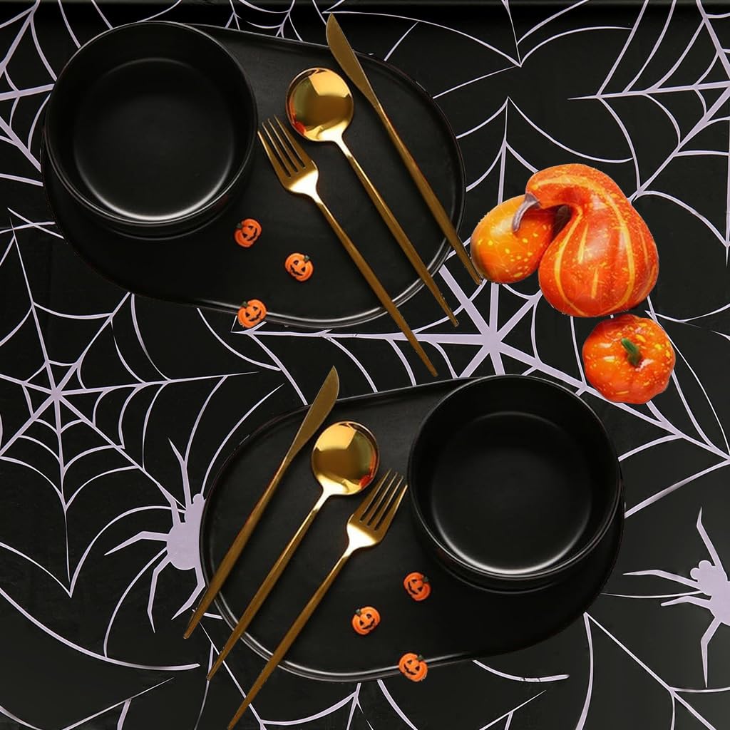 HASTHIP Halloween Tablecloth for Party Decor with Spider Web Design 137x274 cm | 2 Pack Black PE Cover