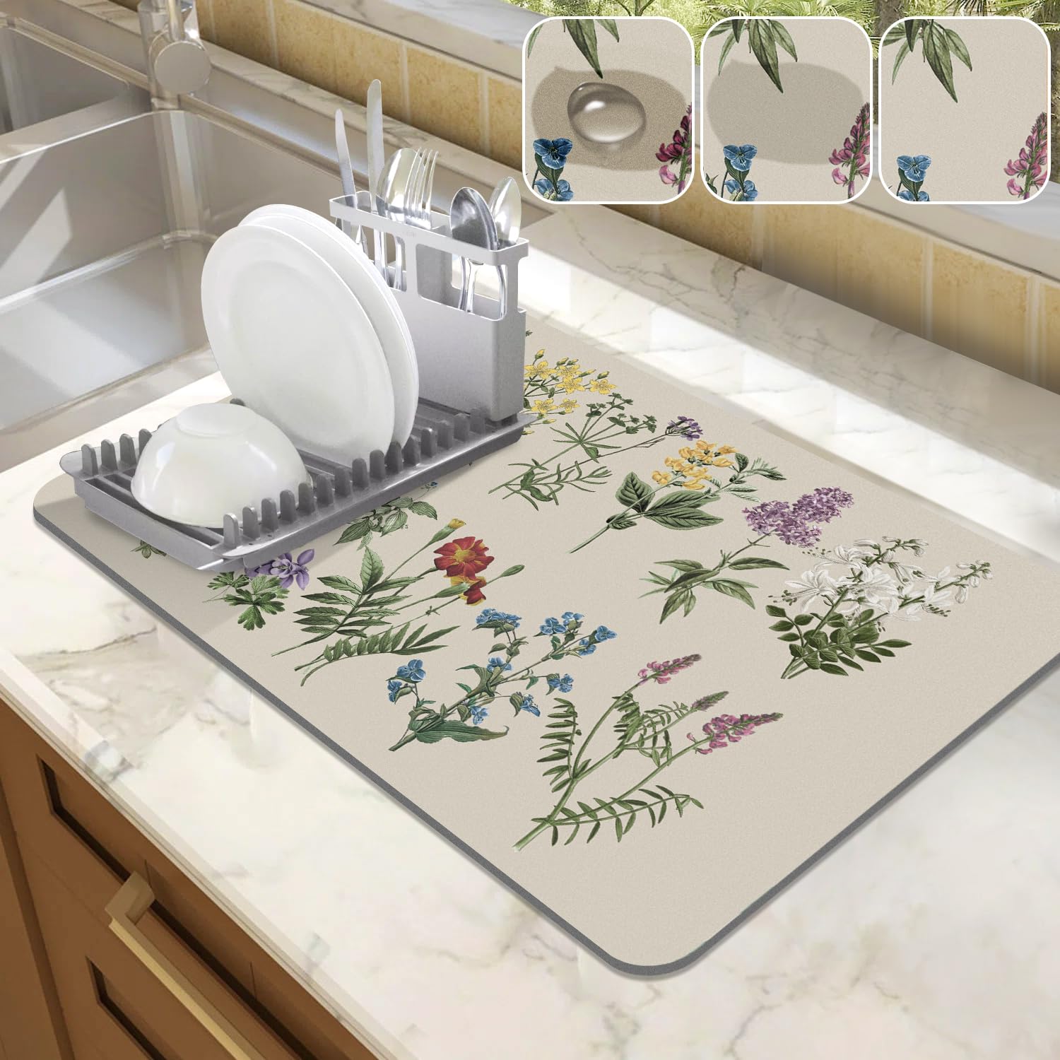 Supvox® Dish Drying Mat - Kitchen Mat for Drying Utensils with Vintage Sage Flower Herbs Kitchen for Wet Utensils,40*50cm-Floral Print