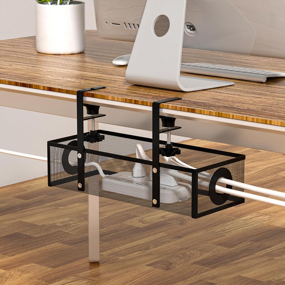 Climberty Adjustable Under Desk Cable Organizer for Home Office with Screw-Fixed Metal Rack | Black