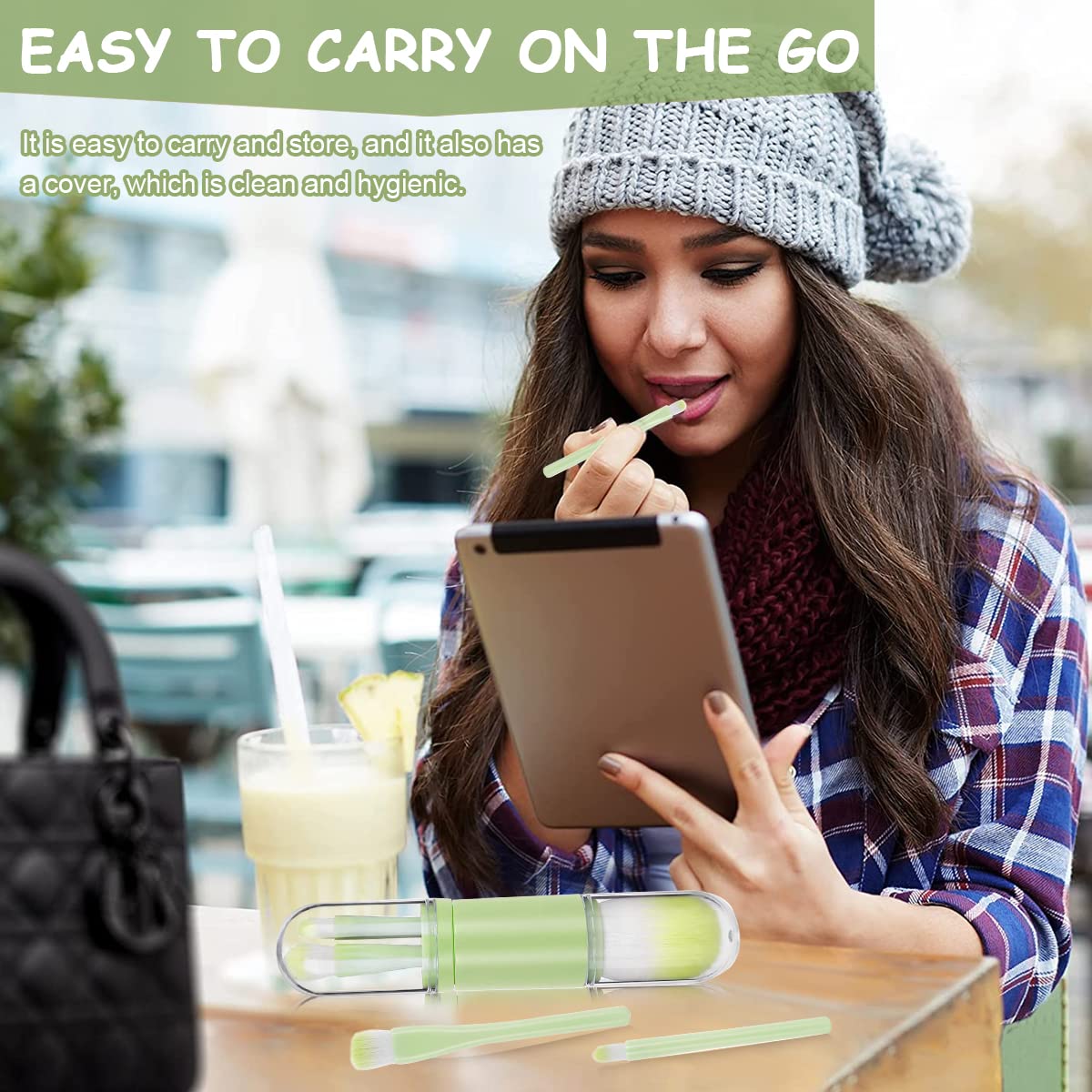 MAYCREATE Makeup Brush Kit for Travel with 4 in1 Retractable Design and ABS Handle | Green