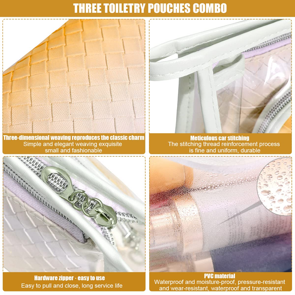 MAYCREATE Makeup Bag Set for Women with 3 Sizes 15×10.5×3cm to 24×14.5×7cm | Waterproof PVC Toiletry Pouches