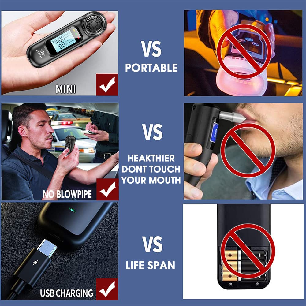 STHIRA Alcohol Tester for Personal and Professional Use with LCD Display and USB Rechargeable 0.00–0.19% BAC Precision Sensor