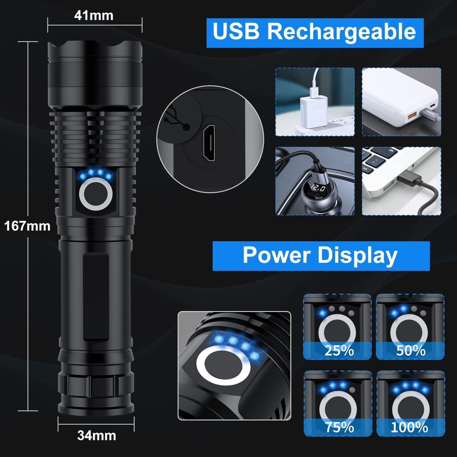 ELEPHANTBOAT Rechargeable Flashlight for Camping and Hiking with 3000 Lumens Zoom Focus | Aluminum Alloy Waterproof Torch