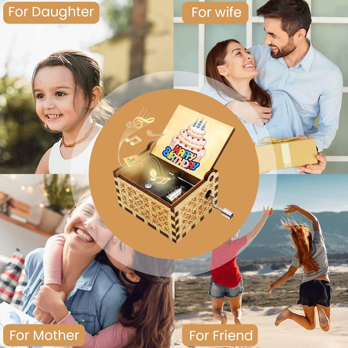 PATPAT Retro Wooden Hand Crank Music Box for Birthday Gift with Flip-up Lid | Nostalgic Floral Engraving
