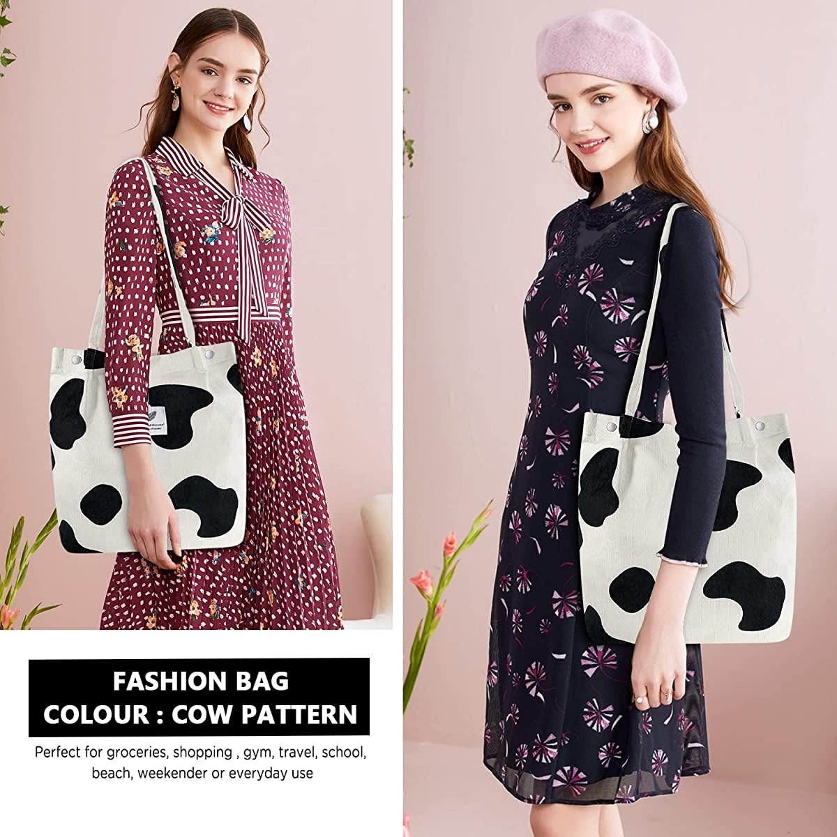 PALAY Tote Bags for Women for School Work and Shopping with Corduroy Material Beige & Green