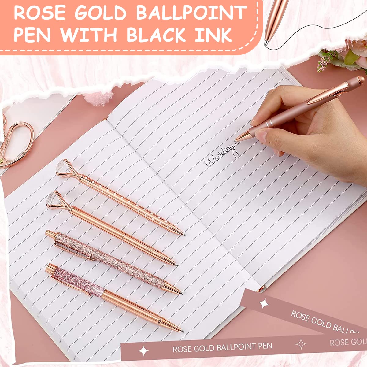 Climberty® 8 Pcs Rose Gold Ballpoint Pen Set, Metal Crystal Diamond Pen, Sand Glitter Pen for Journaling, Black Ink Crystal Glitter Fancy Pens Gifts for Women School Wedding Office Supplies