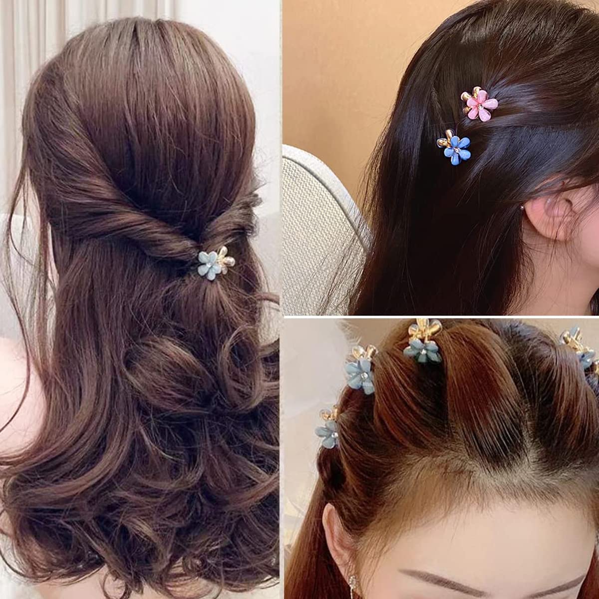 PALAY Mini Hair Claw Clips for Women with Metal Spring Grip and Alloy Resin Flowers | 8pcs