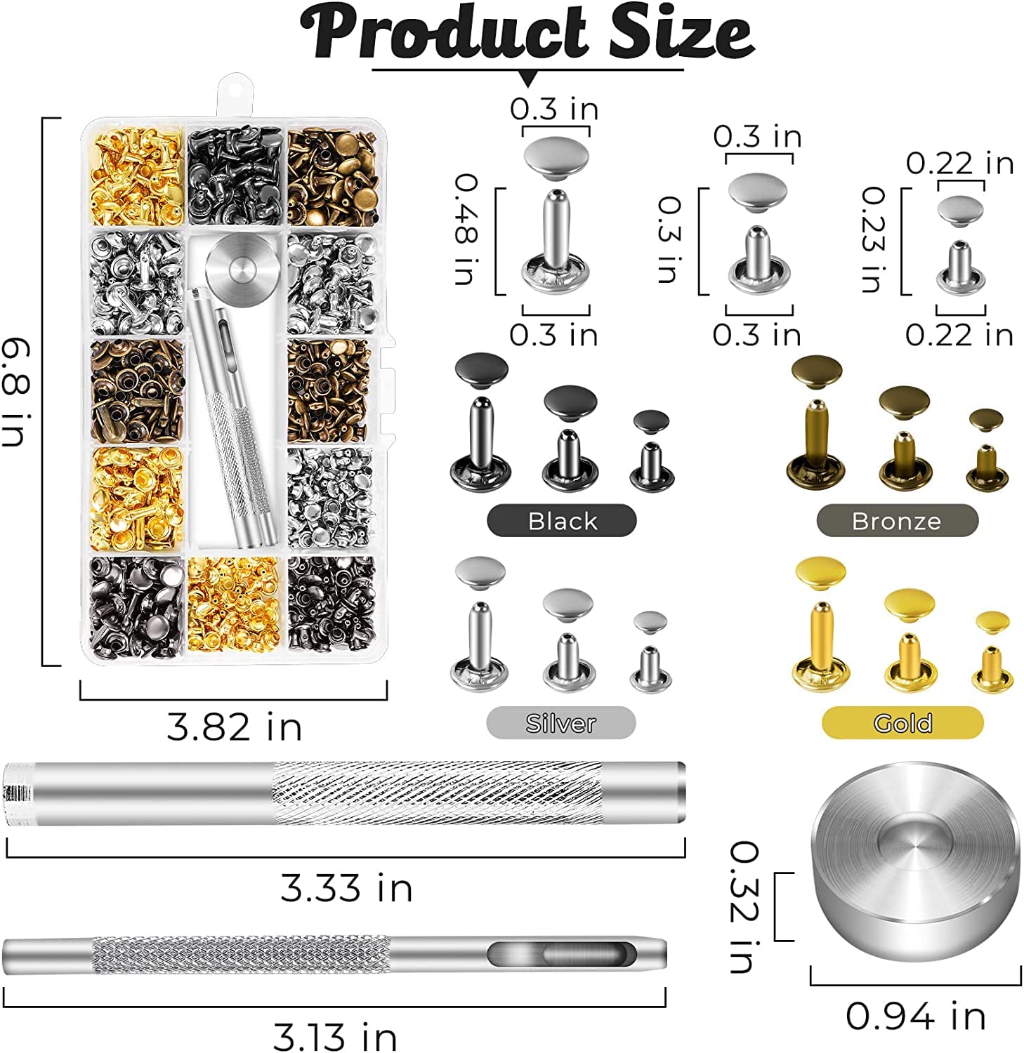 ZIBUYU Leather Rivets Kit for DIY Crafts with 240 Sets and Punch Tools | 4 Colors 3 Sizes