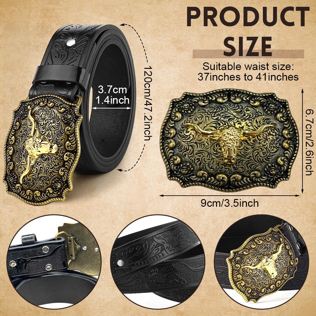 GUSTAVE Belts for Men with Embossed Bull Head Buckle and Pin Tuck Closure 120cm PU Leather