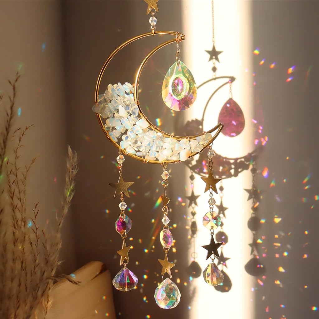 HASTHIP Sparkling Opal Moon Charm for Home Decor 16.5 inches Decorative White Opal Acrylic Crescent Hanging Charm Auspicious Home Gift Wall Hangings Car Charm